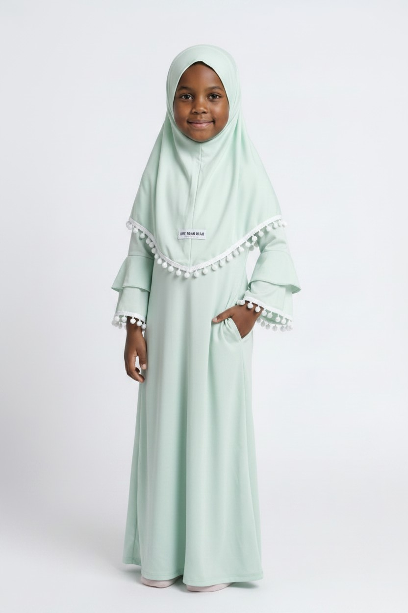 The Hana Dress — Girls’ Mint Green Pom-Pom Modest Maxi with Layered Hijab