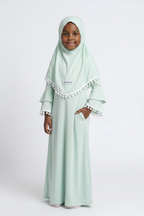 The Hana Dress — Girls’ Mint Green Pom-Pom Modest Maxi with Layered Hijab