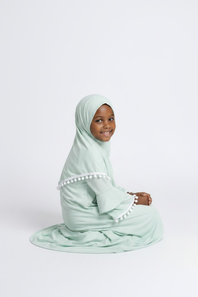 The Hana Dress — Girls’ Mint Green Pom-Pom Modest Maxi with Layered Hijab