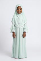 The Hana Dress — Girls’ Mint Green Pom-Pom Modest Maxi with Layered Hijab
