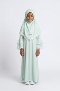 The Hana Dress — Girls’ Mint Green Pom-Pom Modest Maxi with Layered Hijab