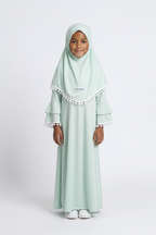 The Hana Dress — Girls’ Mint Green Pom-Pom Modest Maxi with Layered Hijab