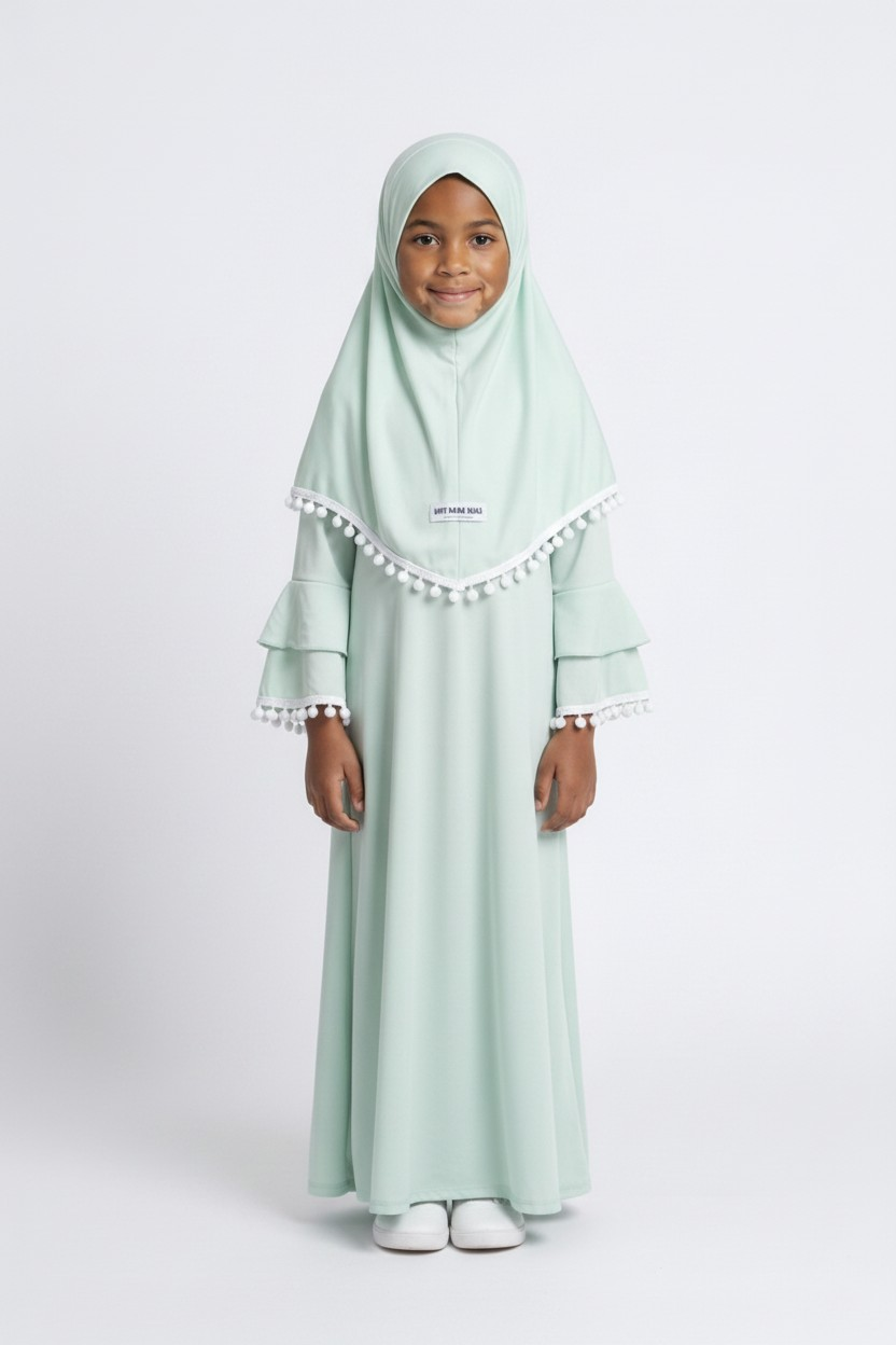 The Hana Dress — Girls’ Mint Green Pom-Pom Modest Maxi with Layered Hijab