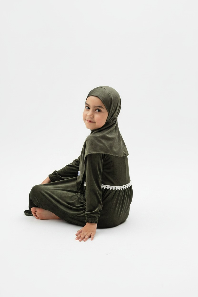 The Zaytun Abaya — Girls’ Olive Green Modest Set with Matching Hijab