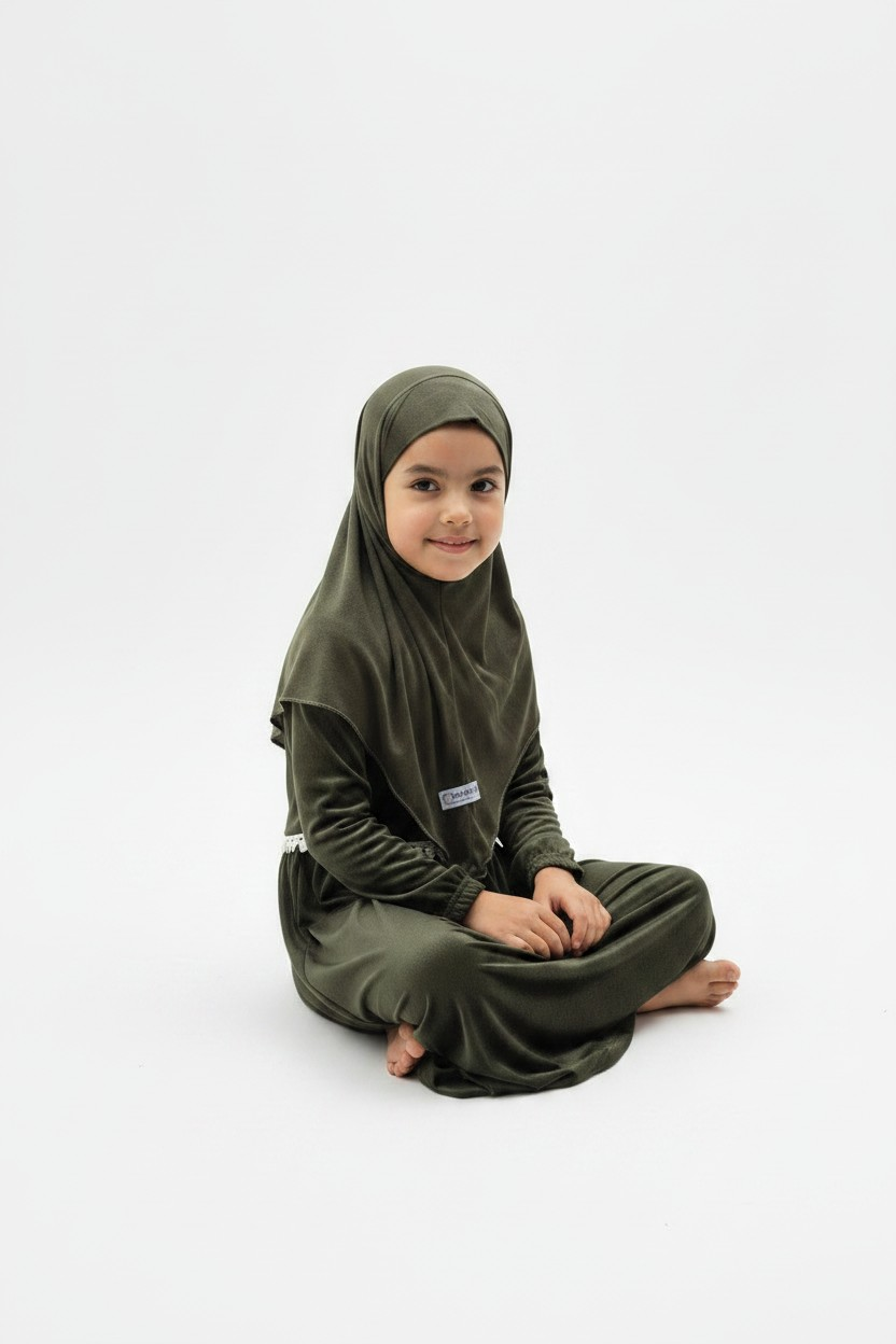 The Zaytun Abaya — Girls’ Olive Green Modest Set with Matching Hijab