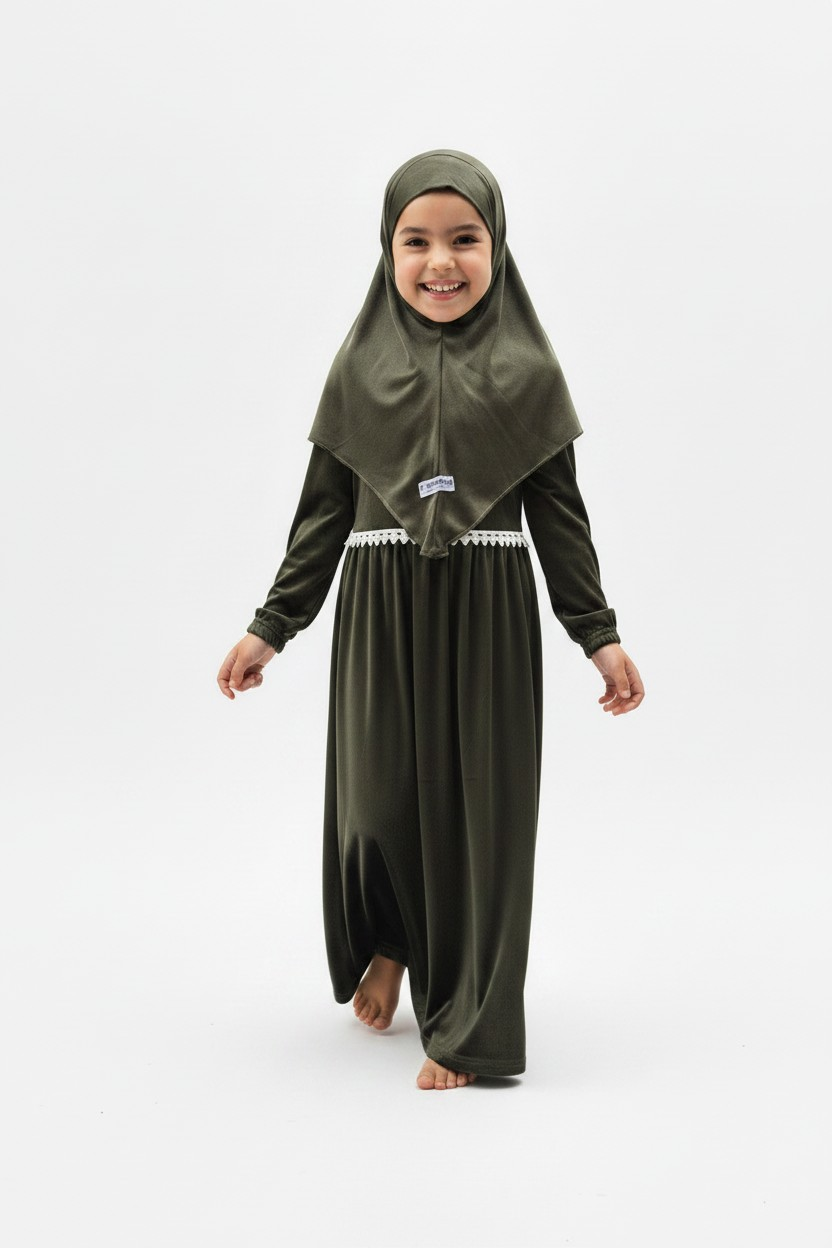 The Zaytun Abaya — Girls’ Olive Green Modest Set with Matching Hijab