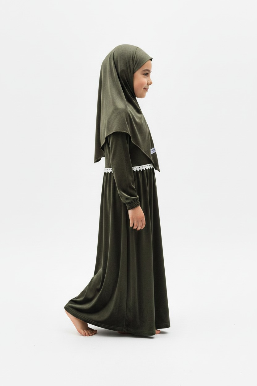 The Zaytun Abaya — Girls’ Olive Green Modest Set with Matching Hijab