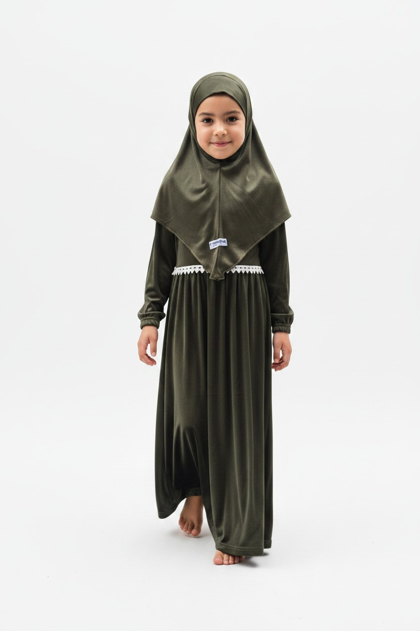 The Zaytun Abaya — Girls’ Olive Green Modest Set with Matching Hijab