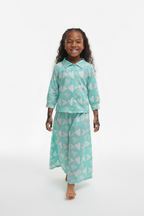 The Qalb Pajama Set — Girls’ Turquoise Heart-Print Two-Piece Pajamas with White Hijab