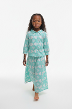 The Qalb Pajama Set — Girls’ Turquoise Heart-Print Two-Piece Pajamas with White Hijab