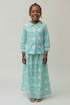 The Qalb Pajama Set — Girls’ Turquoise Heart-Print Two-Piece Pajamas with White Hijab