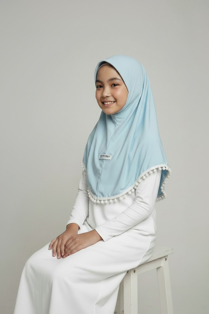 The Manhal Hijab — Girls’ Light Blue Pull-On Hijab with White Pom-Pom Trim