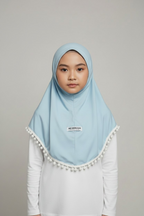 The Manhal Hijab — Girls’ Light Blue Pull-On Hijab with White Pom-Pom Trim