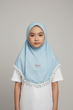 The Manhal Hijab — Girls’ Light Blue Pull-On Hijab with White Pom-Pom Trim