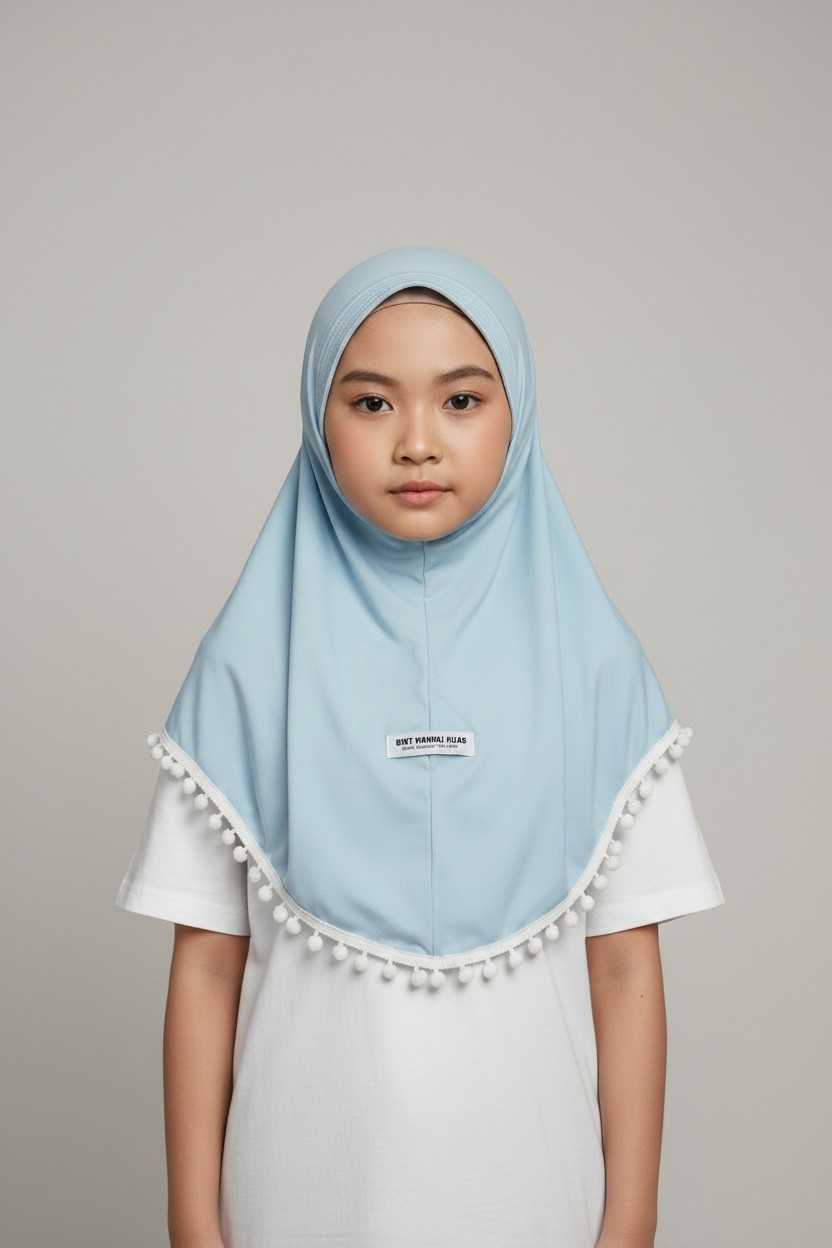 The Manhal Hijab — Girls’ Light Blue Pull-On Hijab with White Pom-Pom Trim