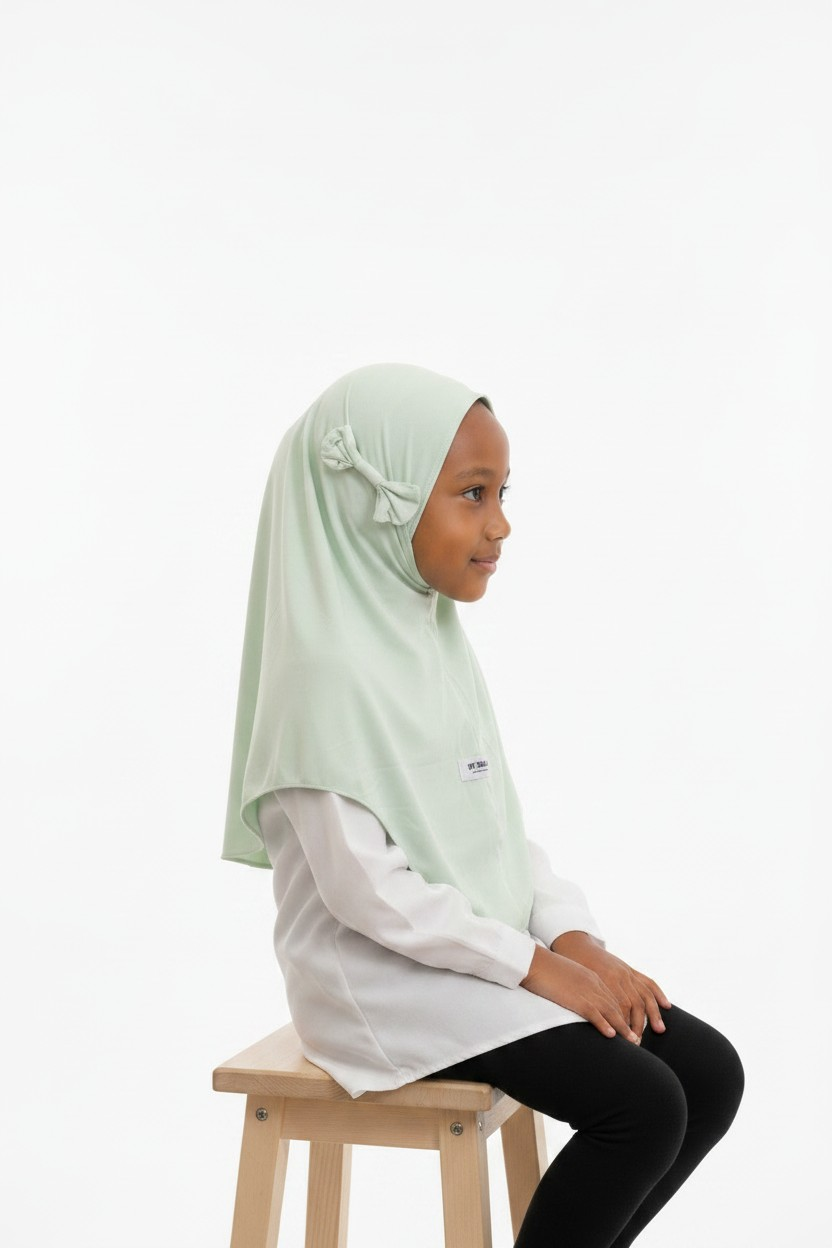 The Sakeena Hijab — Girls’ Soft Mint Pull-On Hijab with Bow Accent