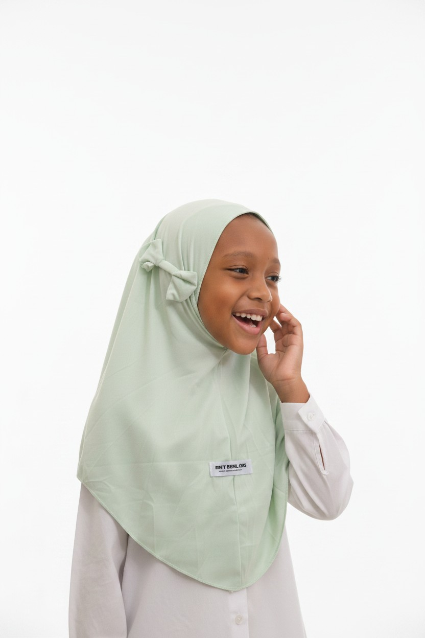 The Sakeena Hijab — Girls’ Soft Mint Pull-On Hijab with Bow Accent